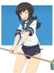  ;d black_hair blue_eyes blue_ribbon blue_sailor_collar blue_swimsuit broom cowboy_shot eyebrows_visible_through_hair fubuki_(kantai_collection) holding holding_broom kantai_collection kugui_kiyunemu low_ponytail neck_ribbon one-piece_swimsuit one_eye_closed open_mouth ribbon sailor_collar school_swimsuit school_uniform serafuku shirt short_hair short_ponytail short_sleeves simple_background smile solo swimsuit swimsuit_under_clothes thighs tied_shirt wet wet_clothes wet_shirt white_background 