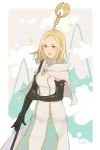  blonde_hair blue_eyes blush dress gloves highres jewelry jivke long_hair looking_at_viewer octopath_traveler ophilia_(octopath_traveler) simple_background smile solo staff 