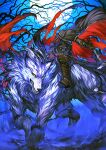  1boy animal animal_focus ascot bare_tree belt black_belt black_cape black_jacket blue_background blue_sky boots brown_boots brown_gloves cape chain collared_cape cuffs fate/grand_order fate_(series) fog full_body full_moon gloves headless hessian_(fate) holding holding_sickle holding_weapon horseback_riding jacket lobo_(fate) long_sleeves looking_at_viewer moon night official_art on_animal outstretched_arms oversized_animal red_ascot red_cape riding shackles sharp_teeth simosi sitting sitting_on_animal sky solo teeth third-party_source torn_cape torn_clothes tree two-sided_cape two-sided_fabric variant_set waist_cape weapon wing_collar wolf yellow_eyes 