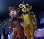 3d_(artwork) animal_genitalia animal_penis animatronic anthro balls bear big_penis blurred_background bow_tie canine_genitalia canine_penis clothing confusion digital_media_(artwork) duo dutch_angle english_text eyebrows fangs five_nights_at_freddy&#039;s five_nights_at_freddy&#039;s_2 flaccid freddy_(fnaf) genitals glowing glowing_eyes golden_freddy_(fnaf) hand_behind_back hat headgear headwear hi_res jizzyfox looking_at_another looking_at_viewer machine male mammal nude_anthro nude_male one_eye_half-closed open_mouth open_smile penis raised_eyebrow robot robot_anthro scottgames smile smiling_at_viewer talking_to_viewer teeth text top_hat watermark withered_golden_freddy_(fnaf)