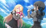  2girls ^_^ artist_request ashley_taylor black_hair black_ribbon black_skirt blonde_hair blue_eyes blue_ribbon blue_sky bone_hair_ornament cable camera chiaki_riko closed_eyes cloud cowboy_shot day dutch_angle eyelashes frilled_skirt frills game_cg grey_shirt hair_ornament hair_ribbon hairclip happy high-waist_skirt highres holding holding_camera holding_stuffed_toy hugging_object kosho_academy_school_uniform layered_sleeves light_blush light_rays long_hair long_sleeves looking_at_another loose_hair_strand low_twintails magia_record:_mahou_shoujo_madoka_magica_gaiden mahou_shoujo_madoka_magica mahou_shoujo_madoka_magica_magia_exedra miniskirt multicolored_hair multiple_girls official_art one_side_up open_mouth outdoors pink_hair pointy_nose recording ribbon school_uniform shirt short_over_long_sleeves short_sleeves short_twintails skirt sky smile streaked_hair stuffed_animal stuffed_toy stuffing sunlight suspender_skirt suspenders tareme teddy_bear thighhighs tree twintails very_long_hair white_thighhighs 