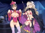  2girls blush breasts censored chinese_vampire costume halloween large_breasts mizuryuu_kei multiple_girls nipples pussy reaper smile 