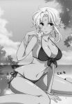  bangs between_legs bikini bracelet breasts cleavage cloud cloudy_sky collarbone earrings eiyuu_densetsu forehead_jewel greyscale hanabi_(usagibakudan) hand_between_legs hand_in_hair highres hoop_earrings jewelry large_breasts monochrome navel navel_piercing ocean page_number parted_bangs piercing scherazard_harvey short_hair side-tie_bikini sitting sky smile solo sora_no_kiseki swimsuit tree wariza 