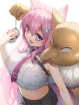  1girl ahoge animal_ears bare_shoulders black_choker blue_eyes braid breasts chest_belt choker cleavage_cutout clothing_cutout collared_shirt crown_braid fingernails frilled_shirt frills grey_skirt hair_between_eyes hair_ornament hakui_koyori hakui_koyori_(1st_costume) heart heart_choker hexagon_hair_ornament highres holding holding_pendulum holding_poke_ball hololive hoqn huge_breasts hypno long_hair looking_at_viewer midriff multicolored_eyes nail_polish navel necktie open_mouth pendulum pink_hair pink_nails pink_necktie pleated_skirt poke_ball poke_ball_(basic) pokemon pokemon_(creature) purple_eyes shirt simple_background skirt sleeveless sleeveless_shirt smile stomach tail tie_clip two-tone_eyes virtual_youtuber white_background white_shirt wolf_ears wolf_girl wolf_tail 