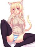  animal_ears blonde_hair blush breasts cat_ears eyebrows_visible_through_hair fast-runner-2024 finger_licking highres impossible_clothes licking long_hair looking_at_viewer no_pants open_mouth original panties red_eyes ribbed_sweater slit_pupils solo spread_legs striped striped_panties sweater thighhighs tiffy tongue tongue_out turtleneck turtleneck_sweater underwear watermark web_address 