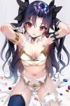  absurdres adapted_costume armlet armpits arms_up black_hair bow bra breasts commentary_request detached_collar fate/grand_order fate_(series) from_above garter_belt gloves hair_bow head_tilt highres ishtar_(fate/grand_order) leg_garter long_hair looking_at_viewer navel navy_blue_legwear nekometaru panties parted_lips red_eyes single_thighhigh small_breasts solo thighhighs two_side_up underwear white_bra white_gloves white_panties 