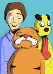  2018 blue_background brown_hair canine cat creepy dog feline garfield garfield_(series) hair human jon_arbuckle long_tongue looking_at_viewer mammal odie open_mouth open_smile orange_body overweight puapka simple_background smile tongue tongue_out what yellow_body 
