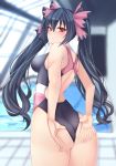  1girl adjusting_clothes adjusting_swimsuit ass bare_shoulders black_hair blush bow breasts choujigen_game_neptune deep_skin dura embarrassed from_behind hair_bow hand_on_ass large_breasts long_hair looking_back looking_down neptune_(series) noire one-piece_swimsuit red_eyes shiny shiny_hair sideboob solo swimsuit twintails very_long_hair 