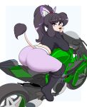 absurd_res accessory alys_faiblesse_(zelripheth) anthro arm_tuft big_breasts big_butt black_eyeshadow black_hair boots breasts butt canid canine canis clothing domestic_dog eyebrow_piercing eyeshadow facial_piercing female floppy_ears footwear hair hair_accessory hi_res high-angle_view jacket leggings legwear looking_at_viewer makeup mammal motor_vehicle motorcycle piercing ponytail poodle purple_eyes rear_view shoes simple_background smile smiling_at_viewer solo standard_poodle tail tail_tuft thick_thighs tight_clothing topwear tuft vehicle wide_hips wrist_tuft zelripheth
