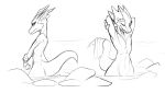  ambiguous_gender anthro bathing black_and_white duo eyes_closed front_view frown half-closed_eyes hands_behind_head horn kobold looking_at_viewer looking_back monochrome nude partially_submerged rear_view reptile rock scalie simple_background sketch smile towel w4g4 white_background 