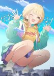  1girl absurdres black_ribbon blonde_hair blue_overskirt blue_sky braid city cloud day fujita_kotone gakuen_idolmaster giant giantess green_jacket hair_ribbon highres idolmaster jacket long_hair long_sleeves looking_at_viewer low_twin_braids one_eye_closed open_clothes open_jacket open_mouth outdoors panties ribbon shirt sky smile socks solo squatting toxic_pter twin_braids underwear white_panties white_socks yellow_eyes yellow_shirt 