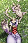 2025 absurd_res antylamon bandai_namco big_hands blush bottomwear brown_body brown_fur clothed clothing digimon digimon_(species) digital_media_(artwork) female flower fur hi_res horn lying on_back open_mouth petals plant red_eyes solo topwear viroveteruscy