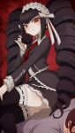  1boy 1girl black_hair blush brown_hair celestia_ludenberck cup danganronpa dress drill_hair femdom holding legs_crossed long_hair looking_at_viewer looking_down merunyaa nail_polish out_of_frame patreon red_eyes short_hair sitting sitting_on_person smile sweat thighhighs tie 
