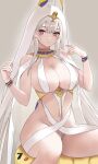  1girl absurdres ancient_egyptian_clothes animal_ears azur_lane bare_shoulders bracelet breasts cleavage commentary_request fake_animal_ears gold_bracelet grey_hair highres jackal_ears jewelry large_breasts long_hair looking_at_viewer manjuu_(azur_lane) multiple_bracelets obniermarbiss official_alternate_costume red_eyes revealing_clothes scylla_(a_maid&#039;s_judgment)_(azur_lane) scylla_(azur_lane) sitting solo usekh_collar very_long_hair 