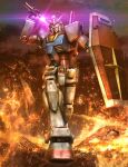  artist_request burning destruction earth_federation energy_sword fire glowing gundam highres lens_flare machinery mecha mecha_focus mobile_suit mobile_suit_gundam no_humans official_art promotional_art realistic robot roundel ruins rx-78-2_gundam science_fiction shield sword v-fin weapon 