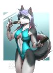  5_fingers anthro blue_eyes breasts canine clothed clothing dessert dog eyelashes female food hair holding_object ice_cream looking_at_viewer mammal mykegreywolf navel purple_hair solo 