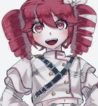  1girl amt1o9 blush bow double-parted_bangs flat_chest grey_jacket hair_between_eyes hair_bow hair_ribbon hashtag-only_commentary highres jacket kasane_teto kasane_teto_(sv) layered_sleeves looking_at_viewer midriff_peek musical_staff musical_staff_print navel open_mouth red_eyes red_hair red_trim ribbon shoulder_belt shoulder_boards simple_background solo striped_clothes striped_jacket synthesizer_v teeth upper_body upper_teeth_only utau white_background white_bow white_ribbon 