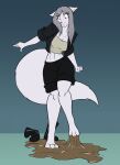 3_toes anthro arctic_fox barefoot canid canine clothed clothing feet female fox grimace hi_res mammal raina_aneira_alexis shoes_removed solo stuck stuck_feet toes toughset trapped true_fox