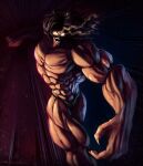  1boy @_(symbol) absurdres artist_name caveman commentary crazy crazy_grin english_commentary fangs fingernails grappler_baki grin highres incoming_attack incoming_punch loincloth long_hair mihael_milanovic muscular no_pupils open_mouth pickle_(grappler_baki) punching sharp_fingernails sharp_teeth smile solo teeth topless_male white_loincloth yellow_eyes 