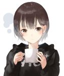 bangs black_hoodie blush brown_eyes brown_hair closed_mouth clothes_writing commentary_request cup eyebrows_visible_through_hair fingernails head_tilt highres holding holding_cup hood hood_down hoodie long_sleeves looking_at_viewer mug original shii_(kairi-t-k0317) short_hair sleeves_past_wrists solo white_background 
