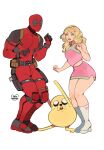  adventure_time blonde_hair blue_eyes bodysuit boots crossover dancing deadpool deadpool_(series) dog fortnite highres jake_the_dog kamii_momoru marvel miniskirt pink_shirt pink_skirt red_bodysuit red_mask sabrina_carpenter shirt skirt superhero_costume white_background white_boots 