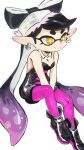  +_+ 1girl black_hair black_jumpsuit bow-shaped_hair breasts callie_(splatoon) callie_(squid_sisters_outfit)_(splatoon) cleavage closed_mouth detached_collar earrings food food_on_head gloves gradient_hair highres hoop_earrings inkling jewelry jumpsuit long_hair mole mole_under_eye multicolored_hair object_on_head pantyhose pink_pantyhose pointy_ears short_jumpsuit smile solo splatoon_(series) spry strapless_jumpsuit sushi swept_bangs tentacle_hair thick_eyebrows twintails unitard white_gloves yellow_eyes 