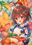  :d ana_(rznuscrf) apron arle_nadja bangs blue_shirt blush brown_hair carbuncle_(puyopuyo) carrot carrot_hair_ornament collarbone commentary_request corn eggplant eyebrows_visible_through_hair fingernails food food_themed_hair_ornament hair_between_eyes hair_ornament hand_up head_tilt madou_monogatari mushroom onion open_mouth puyopuyo red_eyes shirt short_sleeves smile star tomato tomato_hair_ornament white_apron 