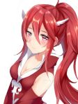  alternate_hairstyle aone_hiiro blush breasts cleavage closed_mouth commentary_request fire_emblem fire_emblem:_kakusei hair_ornament long_hair ponytail red_eyes red_hair simple_background solo tiamo white_background winged_hair_ornament 
