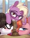  2018 animal_genitalia animal_penis blush cum digital_media_(artwork) earth_pony equine equine_penis eyewear female feral friendship_is_magic glasses group hair hi_res horse janine_manewitz_(mlp) licking looking_at_viewer male male/female mammal medial_ring my_little_pony oral peachy_plume_(mlp) penis penis_lick pony raven_(mlp) sex shinodage tongue tongue_out 
