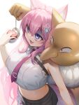  1girl ahoge animal_ears bare_shoulders black_choker blue_eyes braid breasts chest_belt choker cleavage_cutout clothing_cutout collared_shirt crown_braid empty_eyes fingernails frilled_shirt frills grey_skirt hair_between_eyes hair_ornament hakui_koyori hakui_koyori_(1st_costume) heart heart_choker hexagon_hair_ornament highres holding holding_pendulum holding_poke_ball hololive hoqn huge_breasts hypno long_hair looking_up midriff multicolored_eyes nail_polish navel necktie open_mouth pendulum pink_hair pink_nails pink_necktie pleated_skirt poke_ball poke_ball_(basic) pokemon pokemon_(creature) purple_eyes shaded_face shirt simple_background skirt sleeveless sleeveless_shirt smile stomach tail tie_clip two-tone_eyes virtual_youtuber white_background white_shirt wolf_ears wolf_girl wolf_tail 