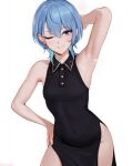  1girl accessories ahoge arm_up armpits bare_shoulders black_dress blue_eyes blue_hair blush breasts buttons double-parted_bangs dress earrings groin hair_between_eyes highleg highleg_dress highres hololive hoshimachi_suisei hoshimachi_suisei_(casual) jewelry kguy1920 neck official_alternate_hair_length official_alternate_hairstyle open_mouth short_hair side_ponytail sleeveless small_breasts smile solo star_(symbol) star_earrings star_in_eye steam sweat sweatdrop symbol_in_eye virtual_youtuber 