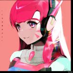  alternate_hair_color bangs close-up d.va_(overwatch) face facial_mark headphones heco_(mama) long_hair overwatch pilot_suit pink_background pink_eyes pink_hair shoulder_pads smile solo swept_bangs whisker_markings 