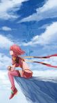  bare_back bracer breasts cliff closed_mouth cloud cloudy_sky commentary english_commentary fingernails foot_dangle from_side giant_tree highres homura_(xenoblade_2) large_breasts pink_legwear profile red_eyes red_hair red_shorts redpoke short_hair short_shorts shorts sitting sky solo thighhighs tiara xenoblade_(series) xenoblade_2 