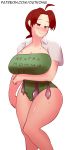  1girl ahoge blush breasts brown_eyes cameltoe cleavage condom deee eyebrows hanako_(pokemon) heart heart-shaped_pupils large_breasts milf pokemon pokemon_(anime) red_hair short_hair solo standing swimsuit symbol-shaped_pupils 