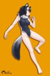  adapted_costume alternate_costume animal_ears bare_arms bare_legs bare_shoulders barefoot commentary competition_swimsuit eyebrows_visible_through_hair fur_collar grey_hair grey_wolf_(kemono_friends) highres kemono_friends long_hair moriko_(moliko) multicolored_hair one-piece_swimsuit signature solo swimsuit tail white_hair wolf_ears wolf_tail yellow_eyes 