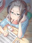  1girl alternate_hairstyle aoba_moka bang_dream! bangs_pinned_back cellphone food glasses green_eyes grey_hair headphones highres lying mouth_hold off_shoulder on_bed on_stomach pencil phone pocky sheet_music short_hair smartphone solo user_ggvk4744 