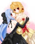  arcueid_brunestud backless_dress backless_outfit black_bow black_dress blonde_hair blue_hair bow dress eyebrows_visible_through_hair frilled_dress frills hair_bow hekikuu_(kanaderuyume) len long_hair multiple_girls red_eyes short_hair tsukihime 