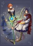  1girl 2boys armor black_gloves blue_hair book boots bow_(weapon) brown_eyes brown_hair cape closed_eyes closed_mouth commentary_request dated dorothy_(fire_emblem) dotted_line facial_hair fire_emblem fire_emblem:_the_binding_blade freckles full_body gloves goatee gradient_background grey_background hat highres holding holding_staff inset_border mage_staff mitre multiple_boys priest purple_eyes red_cape robe sash saul_(fire_emblem) short_hair shoulder_armor single_bare_shoulder smile staff star_(symbol) thick_eyebrows twitter_username urihara84 weapon yoder_(fire_emblem) 