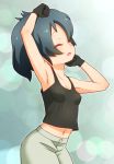  arm_up armpits black_gloves black_hair black_tank_top breasts closed_eyes commentary eyes_visible_through_hair gloves highres kaban_(kemono_friends) kemono_friends midriff navel open_mouth sat-c short_hair shorts small_breasts solo stretch tank_top white_shorts 