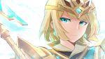  blonde_hair blue_eyes closed_mouth commentary_request crown earrings fire_emblem fire_emblem_heroes fjorm_(fire_emblem_heroes) highres jewelry nakabayashi_zun polearm short_hair simple_background solo weapon white_background 