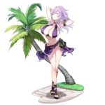  arms_behind_head bikini breasts dolls_order flower frilled_bikini frills grass hair_up huge_breasts looking_at_viewer mole mole_under_mouth morgan_(dolls_order) official_art palm_tree purple_eyes purple_flower purple_hair purple_rose rose sand sandals sarong smile solo summer swimsuit tree 