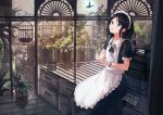  absurdres apron bangs birdcage black_hair book bracelet brown_eyes bug butterfly cage cup drinking_glass hennekobakatesu highres indoors insect jewelry looking_away maid maid_apron maid_headdress original parted_bangs plant potted_plant short_hair sitting solo wine_glass 