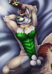  2018 5_fingers adryx_(character) animal_genitalia anthro balls brown_hair canine claws collar dipstick_tail dragon fur green_eyes green_nose green_pawpads green_scales hair high-angle_view hybrid looking_at_viewer lying male mammal markings multicolored_fur multicolored_tail nude on_back open_mouth pawpads scales scalie sheath silvixen smile solo spreading teeth wolf 