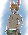  2017 belt blush bulge clothing crackers lagomorph looking_at_viewer male mammal open_mouth rabbit smile underwear undressing 