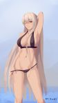  alternate_costume arm_behind_head armpits artist_name ass_visible_through_thighs bangs bikini black_bikini blush breasts cleavage collarbone commentary_request covered_nipples girls_frontline groin hair_between_eyes hand_in_bikini hat highres kar98k_(girls_frontline) large_breasts long_hair looking_at_viewer navel one_eye_closed parted_lips red_eyes skindentation smile solo stomach swimsuit thighs very_long_hair xu_ni 