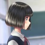  black_hair blurry blush bob_cut classroom face original profile sarekoube school school_uniform shiny shiny_hair short_hair smile solo 