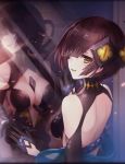  artist_request azusa_yumi_(phantom_of_the_kill) backless_outfit bangs between_breasts breasts brown_hair cleavage gloves hair_ornament hand_on_mirror long_hair looking_at_viewer official_art phantom_of_the_kill reflection scales side_ponytail snake snakeskin_print yellow_eyes 