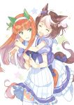  :d ^_^ animal_ears bow brown_hair closed_eyes ear_covers green_eyes hairband horse_ears horse_girl horse_tail hug hug_from_behind long_hair multicolored_hair multiple_girls open_mouth orange_hair pleated_skirt puffy_short_sleeves puffy_sleeves school_uniform short_hair short_sleeves silence_suzuka simple_background skirt smile special_week t-okada tail thighhighs two-tone_hair umamusume white_background white_hairband white_legwear white_skirt 