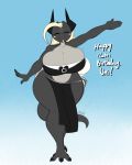  2018 anthro averyshadydolphin big_breasts birthday black_scales breasts cleavage clothed clothing digital_media_(artwork) eclipsis eyes_closed female hair happy huge_breasts kobold looking_at_viewer markings raised_arm scales skimpy smile text thick_thighs voluptuous white_hair white_markings white_text wide_hips 