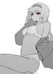  bra breasts bright_pupils dutch_angle expressionless eyebrows_visible_through_hair girls_frontline greyscale hairband jorin long_hair medium_breasts monochrome navel neck_scar off_shoulder open_clothes panties red_eyes scar simple_background sitting solo spot_color thunder_(girls_frontline) underwear white_background white_pupils 